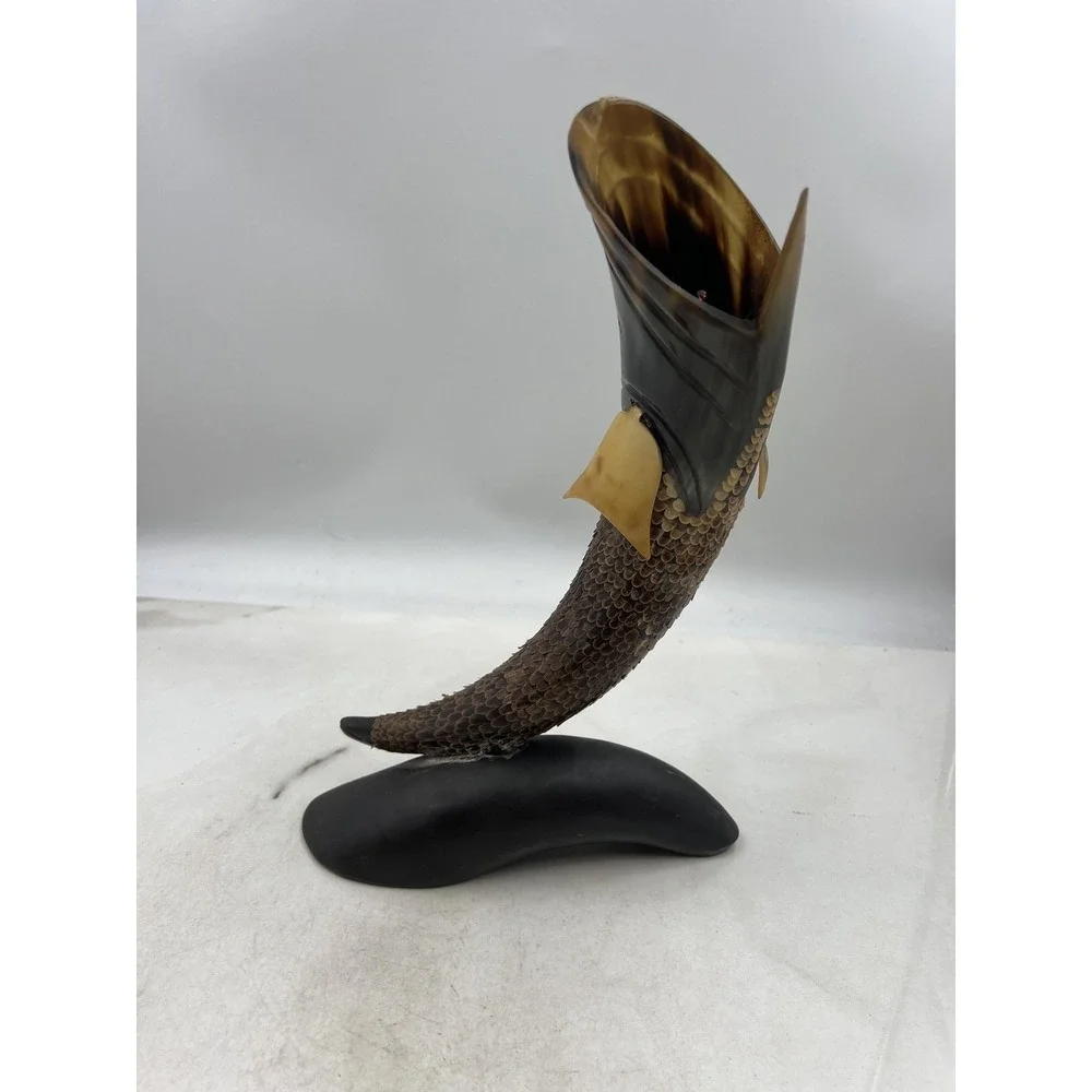 Vintage Hand Carved Ox Horn Fish Sculpture Folk Art 13